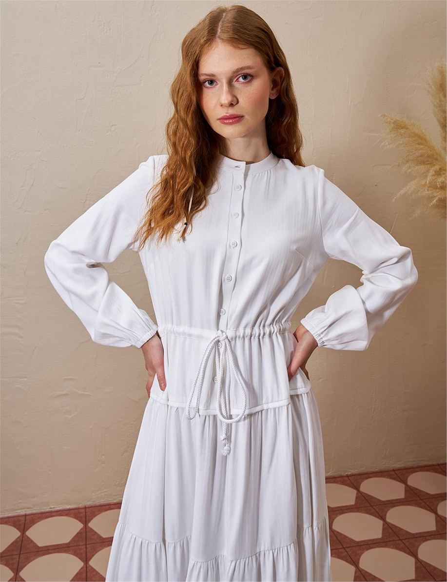 Beli Bağcıklı Rayon Elbise Optik Beyaz - KY-B25-83007