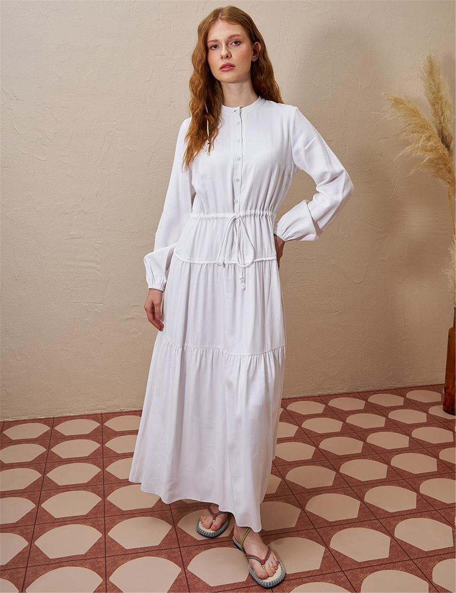Beli Bağcıklı Rayon Elbise Optik Beyaz - KY-B25-83007