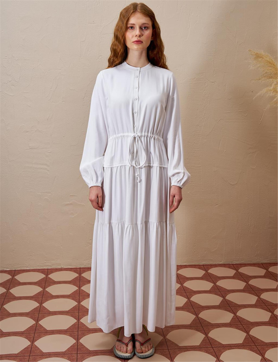 Beli Bağcıklı Rayon Elbise Optik Beyaz - KY-B25-83007