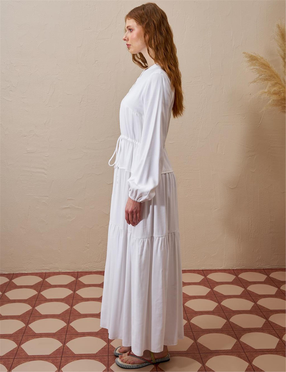 Beli Bağcıklı Rayon Elbise Optik Beyaz - KY-B25-83007