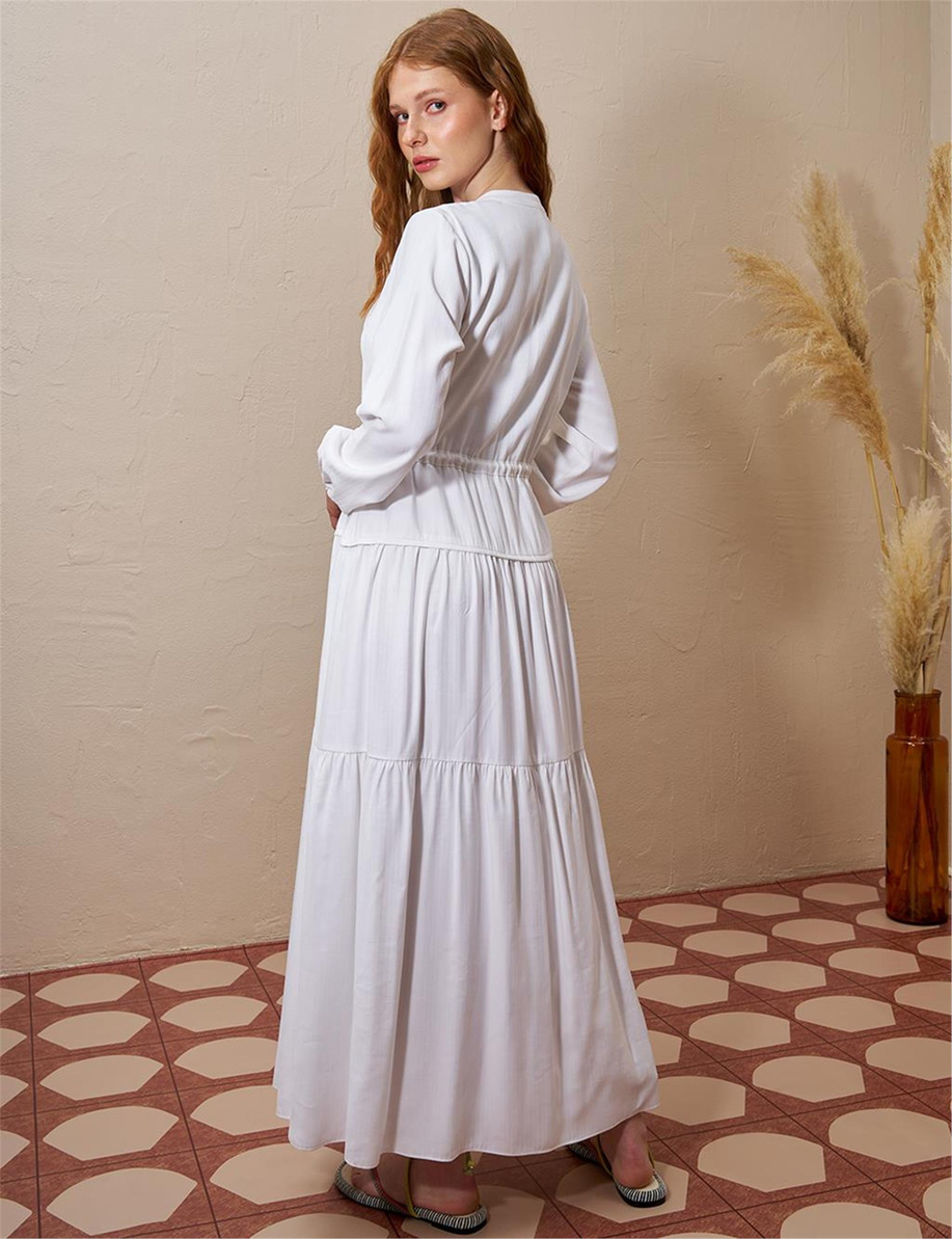 Beli Bağcıklı Rayon Elbise Optik Beyaz - KY-B25-83007