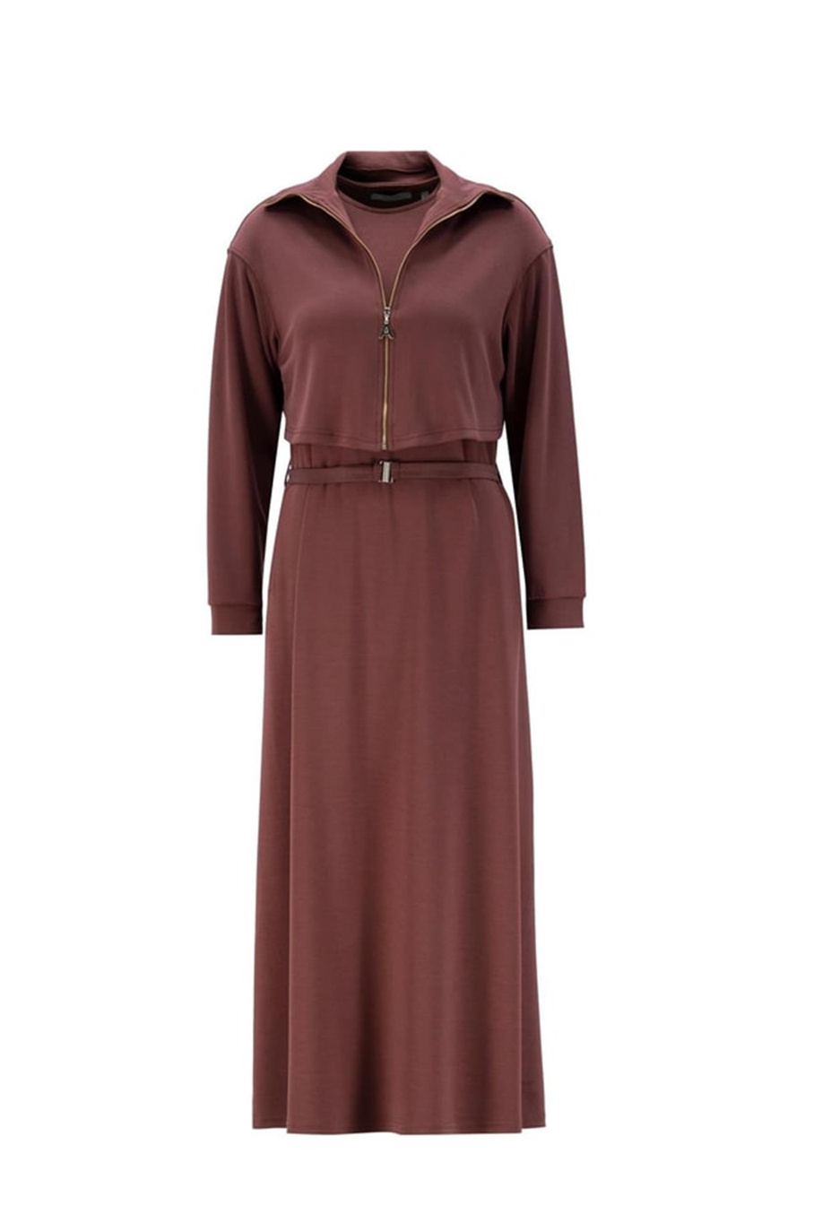 Beli Büzgülü Kızıl Kahve Elbise