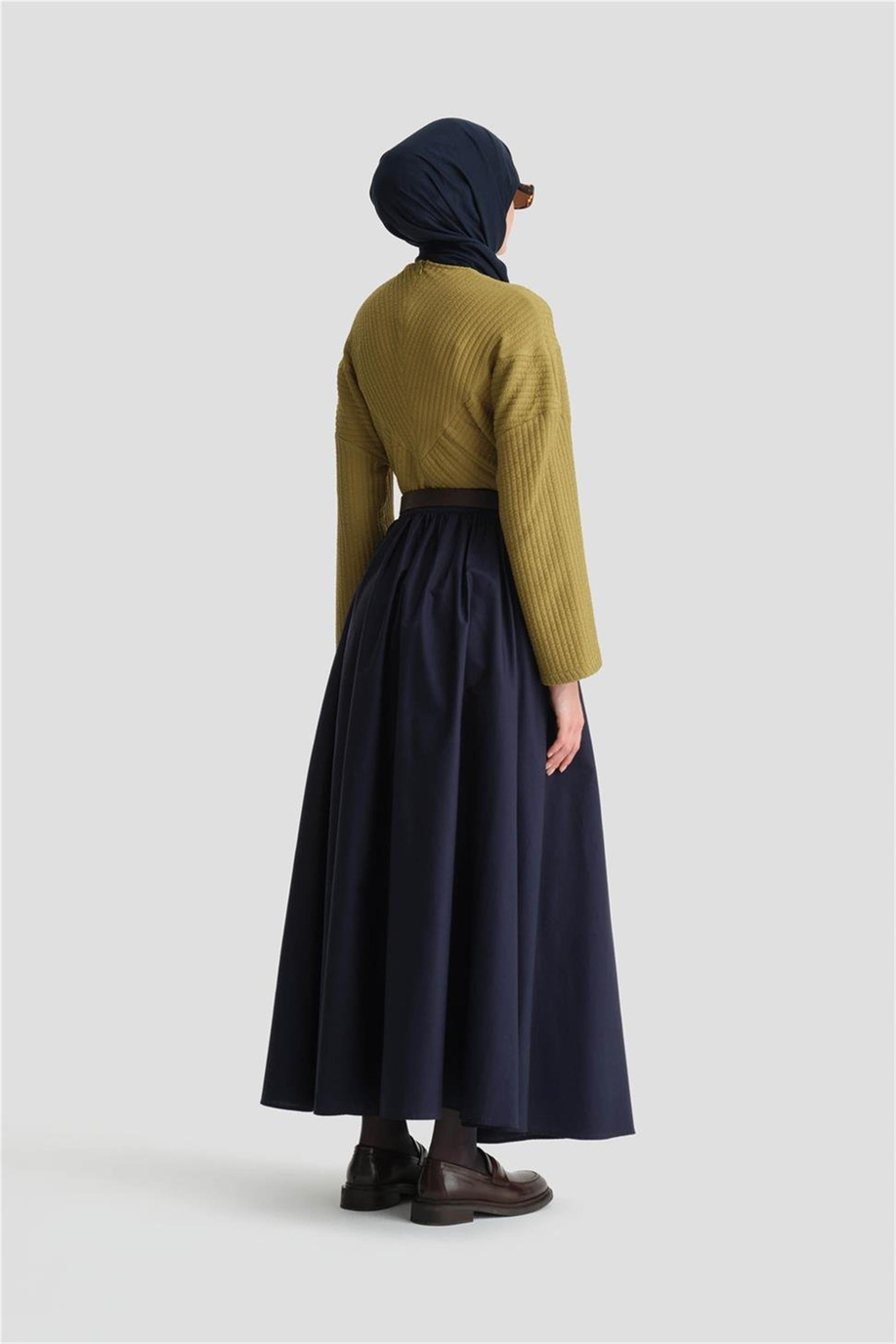 Beli Büzgülü Lacivert Etek