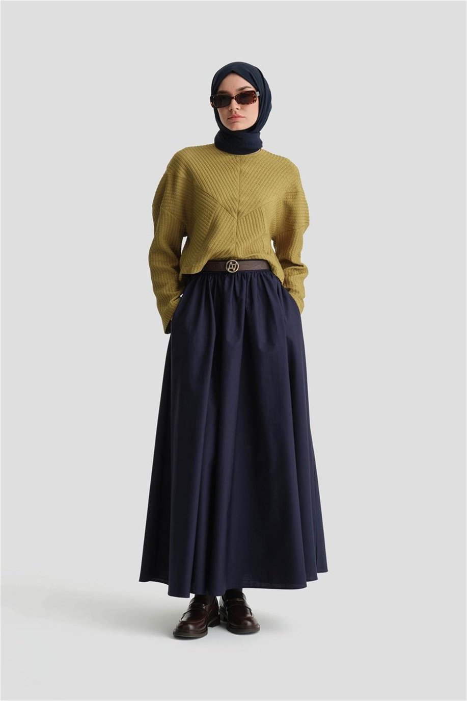Beli Büzgülü Lacivert Etek