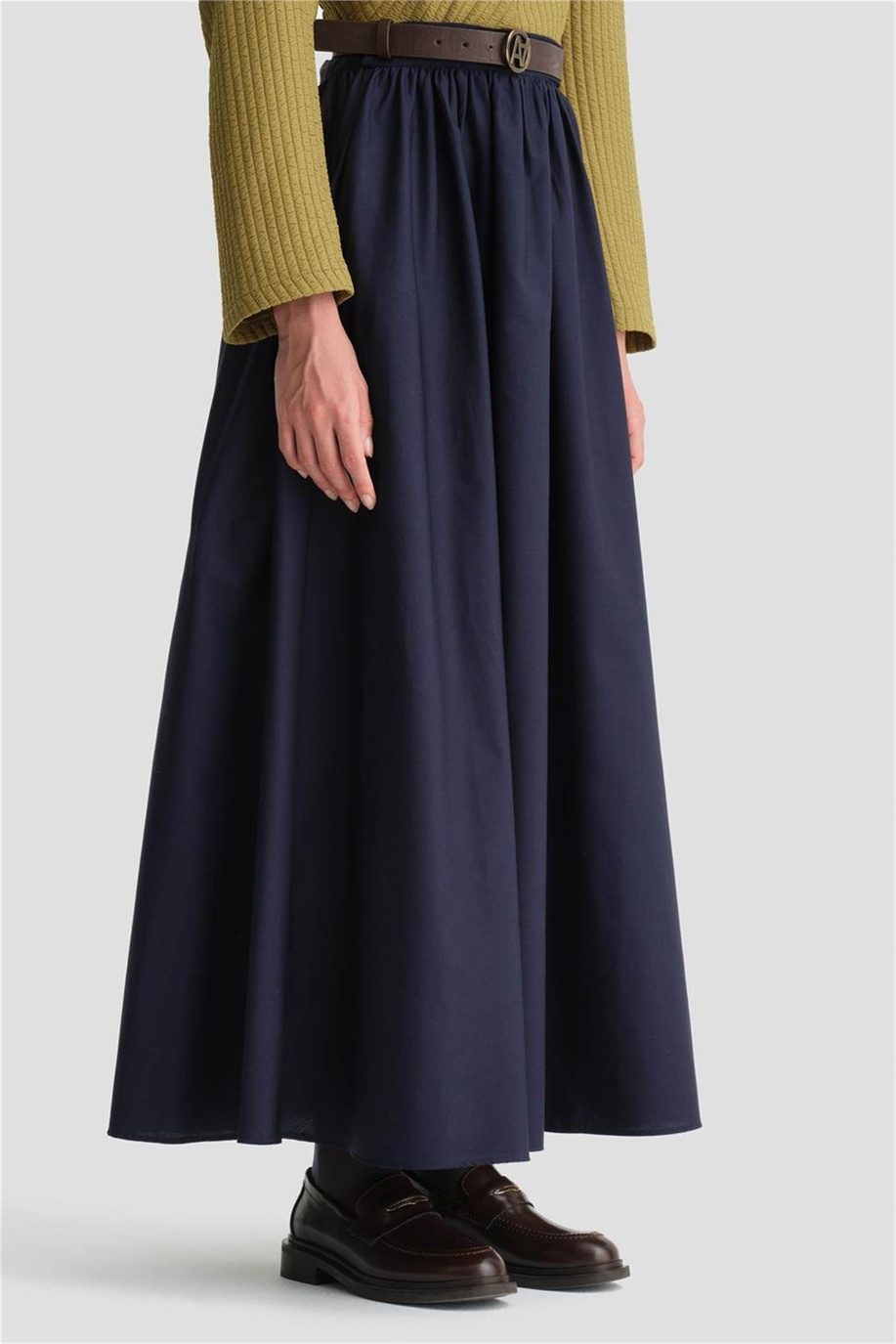 Beli Büzgülü Lacivert Etek