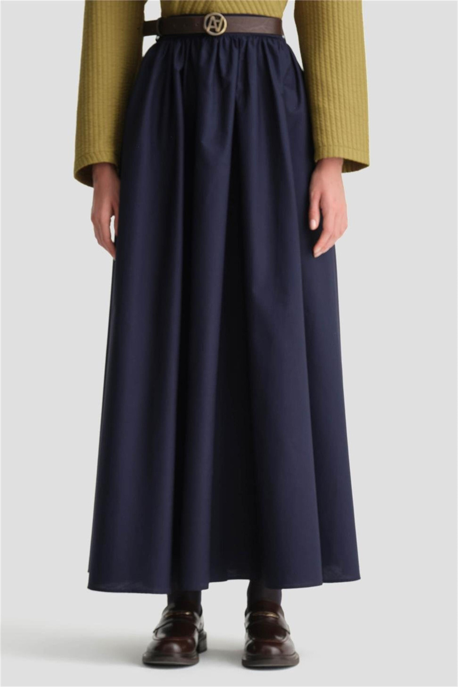 Beli Büzgülü Lacivert Etek