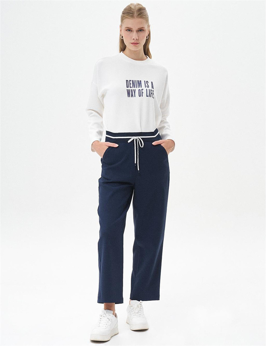 Beli Lastikli Bağcıklı Koyu Lacivert Pantolon