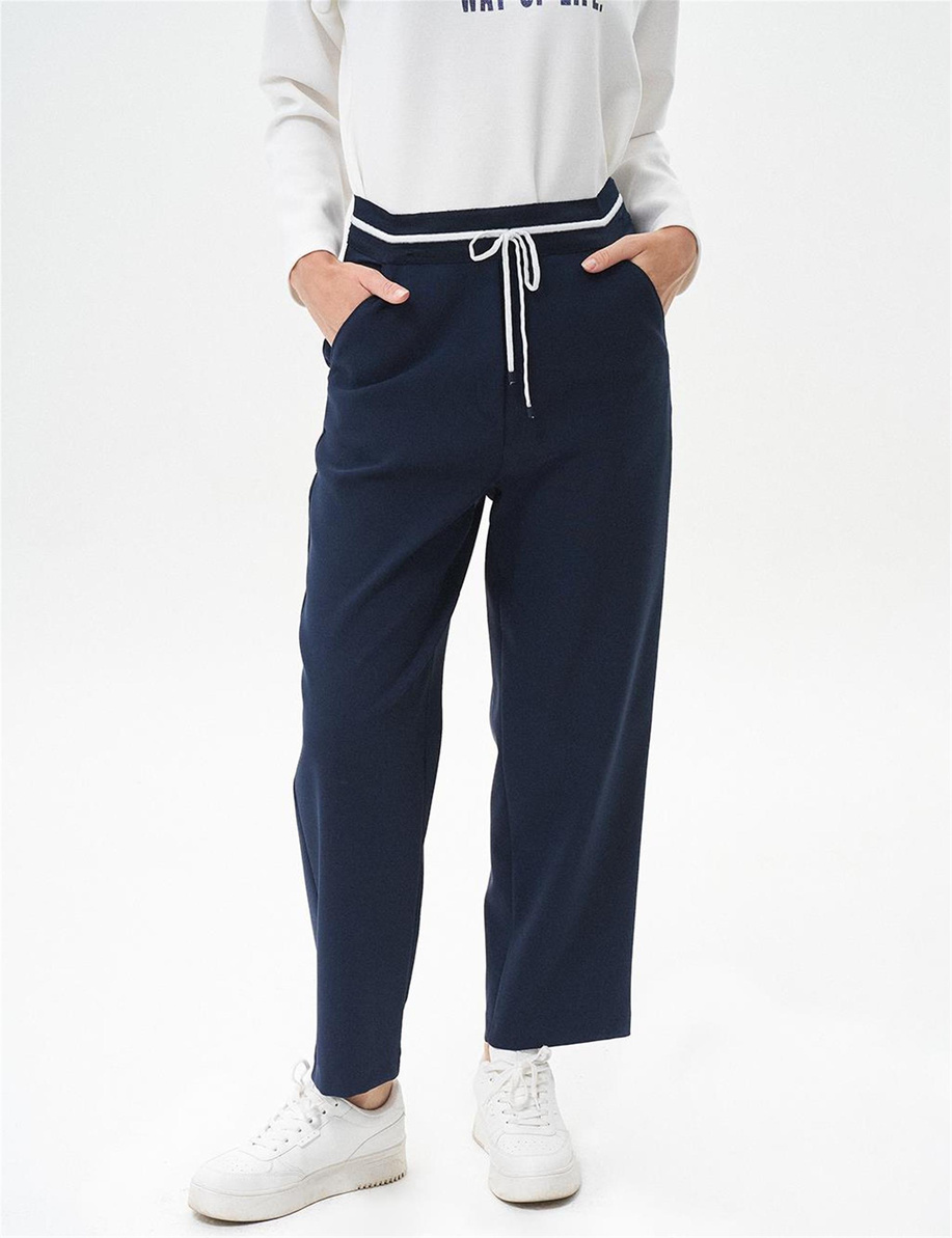 Beli Lastikli Bağcıklı Koyu Lacivert Pantolon