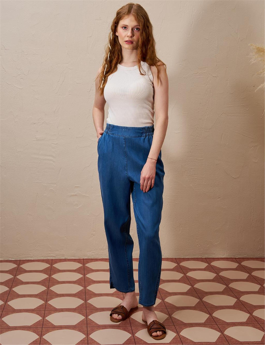 Beli Lastikli Havuç Kesim Lyocell İndigo Pantolon