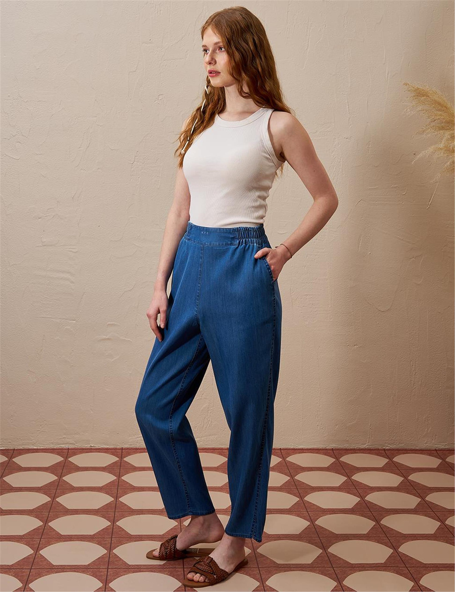 Beli Lastikli Havuç Kesim Lyocell İndigo Pantolon
