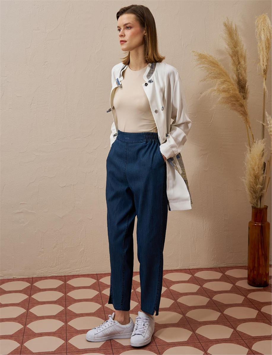 Beli Lastikli Havuç Kesim Lyocell Lacivert Pantolon