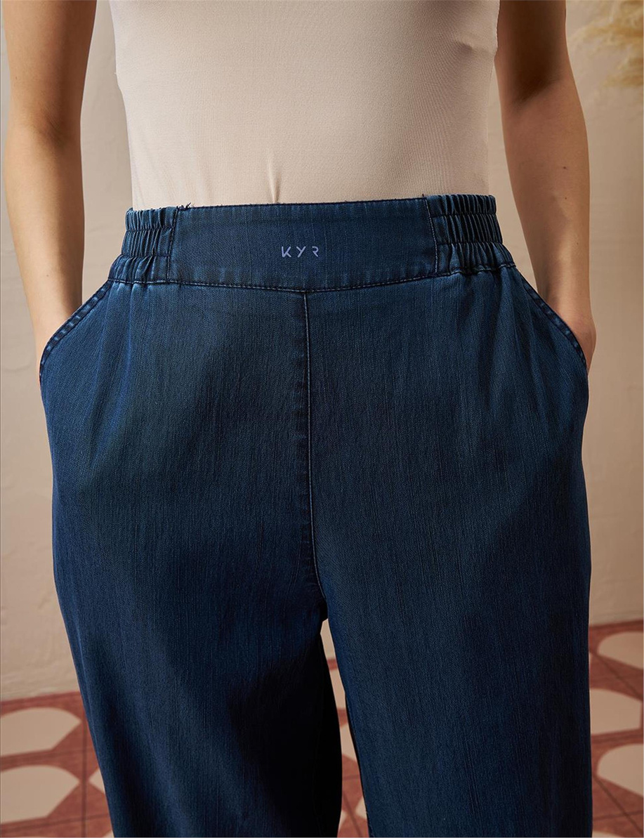 Beli Lastikli Havuç Kesim Lyocell Lacivert Pantolon