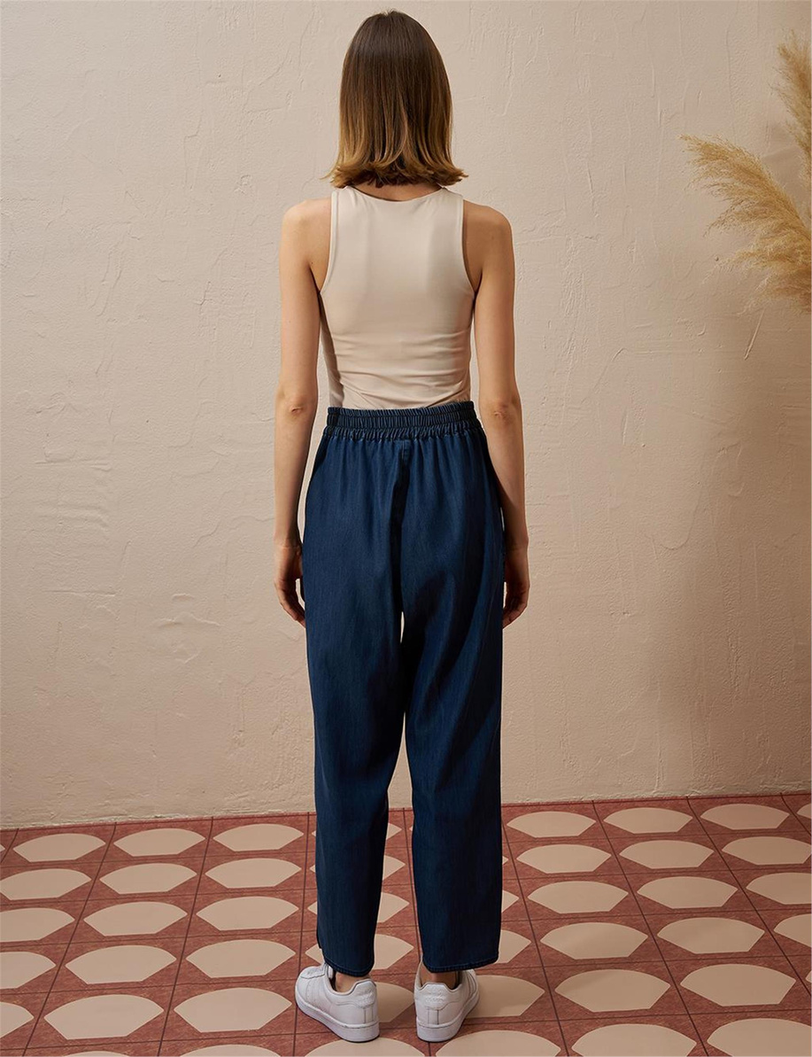 Beli Lastikli Havuç Kesim Lyocell Lacivert Pantolon