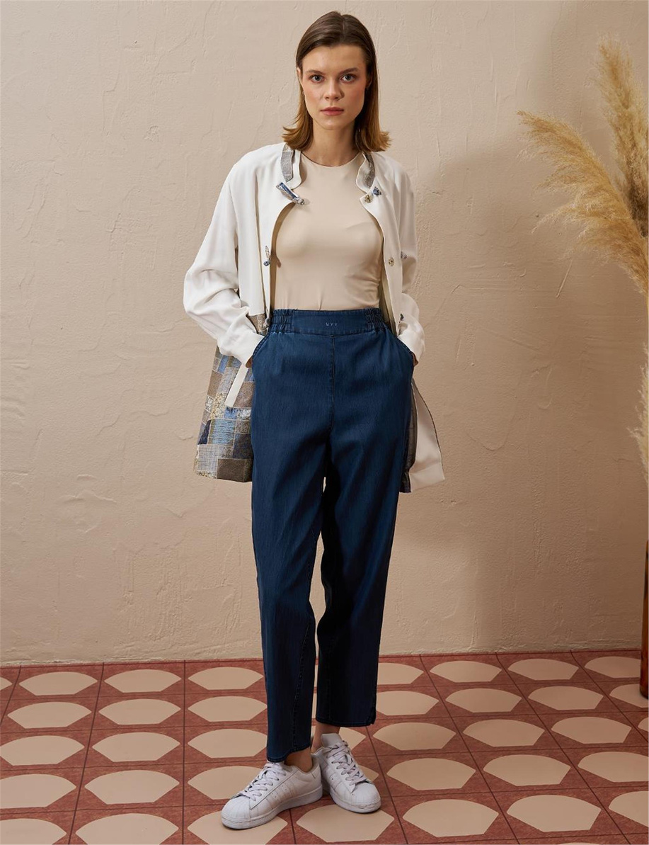 Beli Lastikli Havuç Kesim Lyocell Lacivert Pantolon