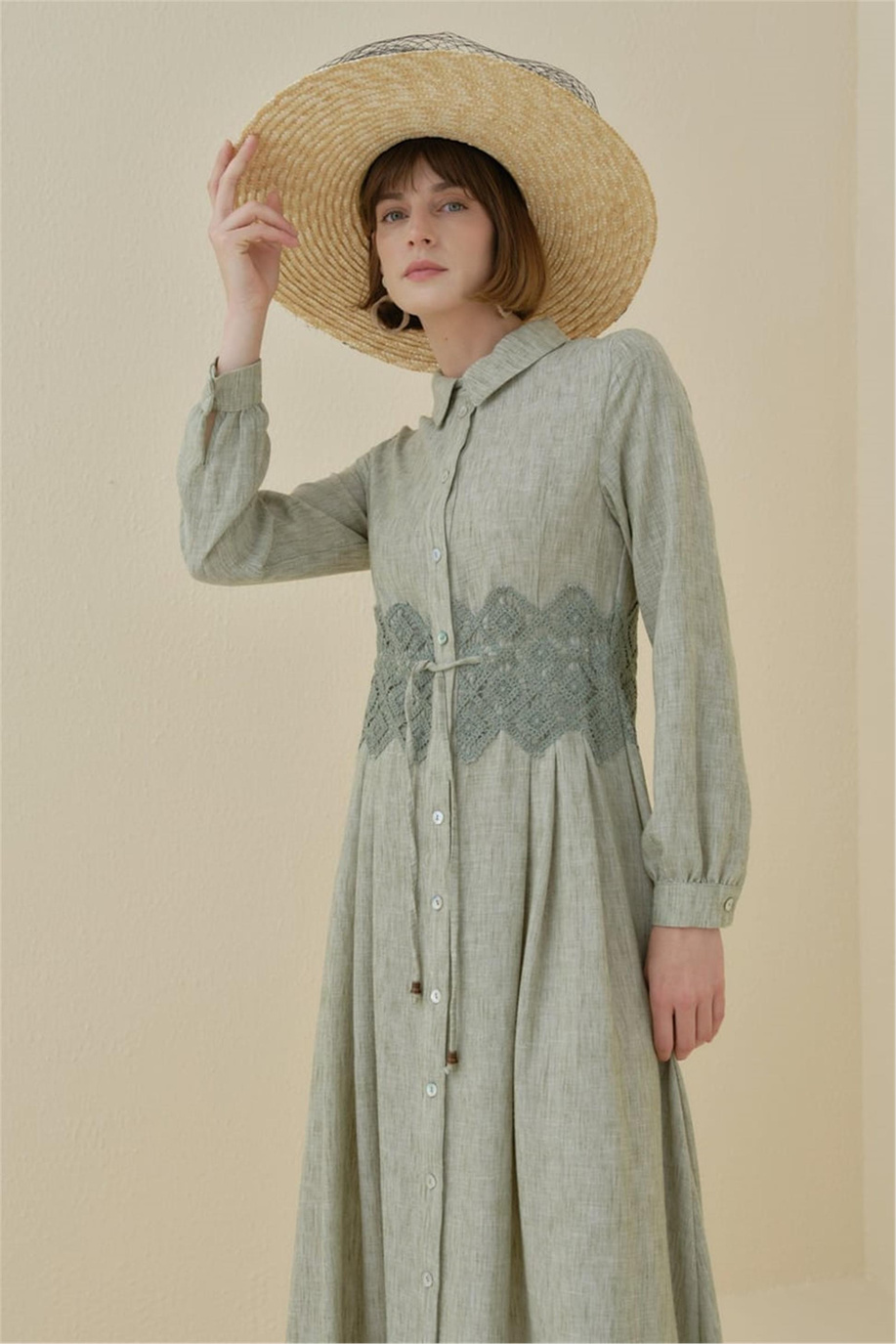 Beli Makrome Detaylı Formlu Keten Elbise Haki - 251EL3045NH.1