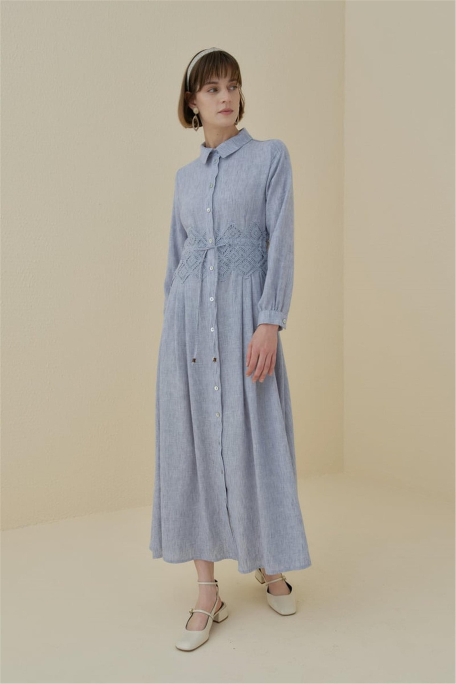 Beli Makrome Detaylı Formlu Keten Elbise İndigo - 251EL3045NH.1