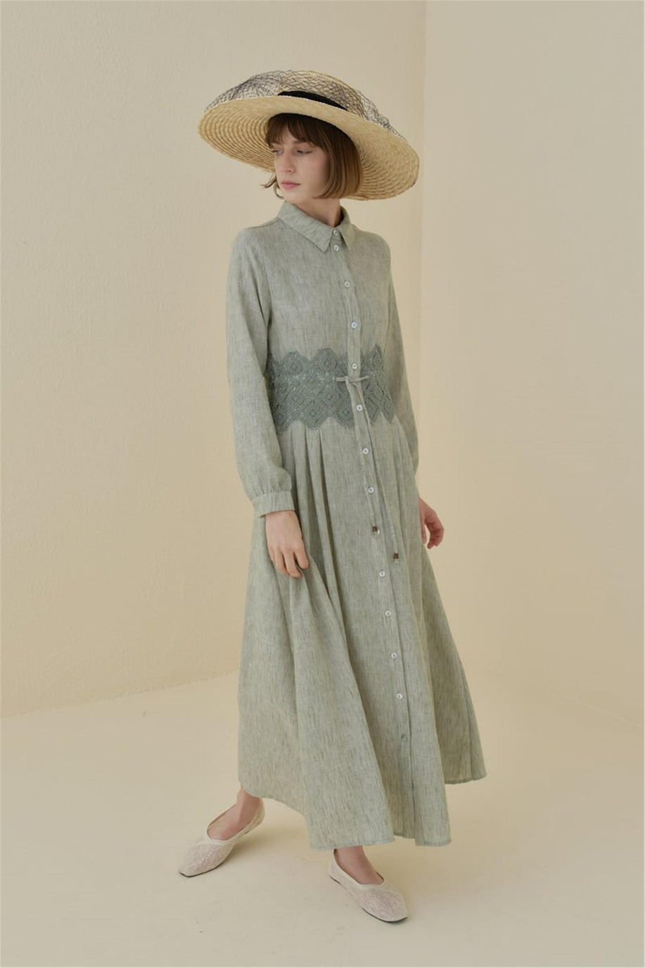 Beli Makrome Detaylı Formlu Keten Elbise Haki - 251EL3045NH.1