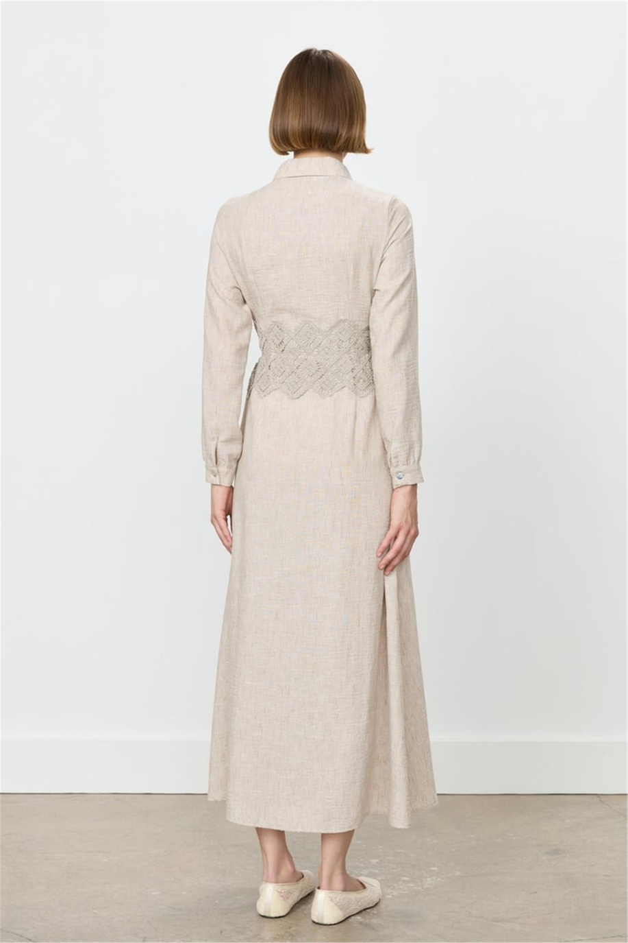 Beli Makrome Detaylı Formlu Keten Elbise Bej - 251EL3045NH.1