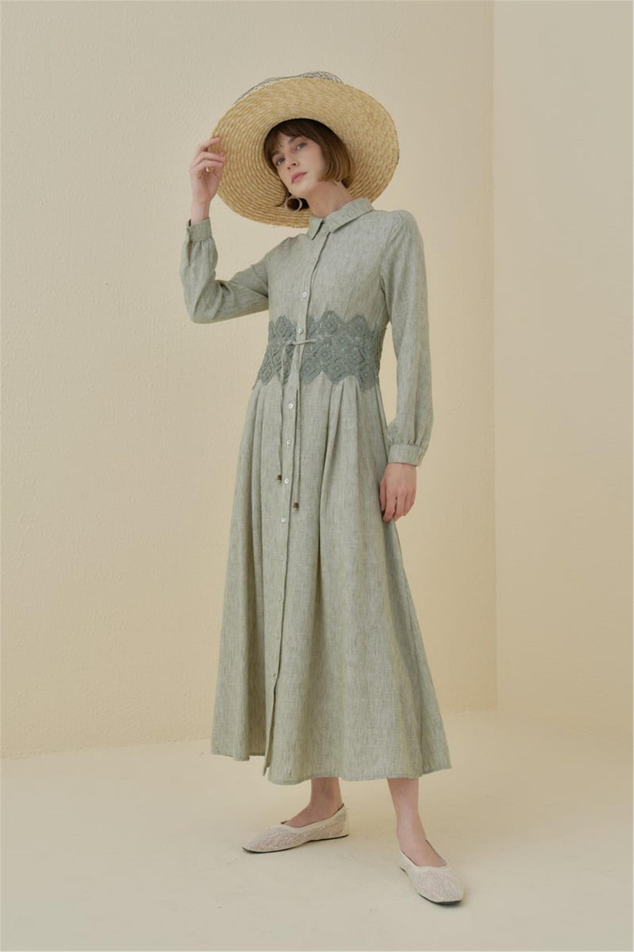 Beli Makrome Detaylı Formlu Keten Elbise Haki - 251EL3045NH.1