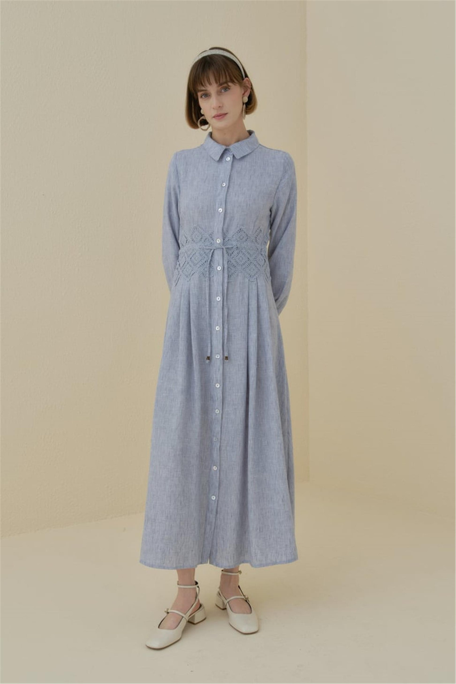 Beli Makrome Detaylı Formlu Keten Elbise İndigo - 251EL3045NH.1