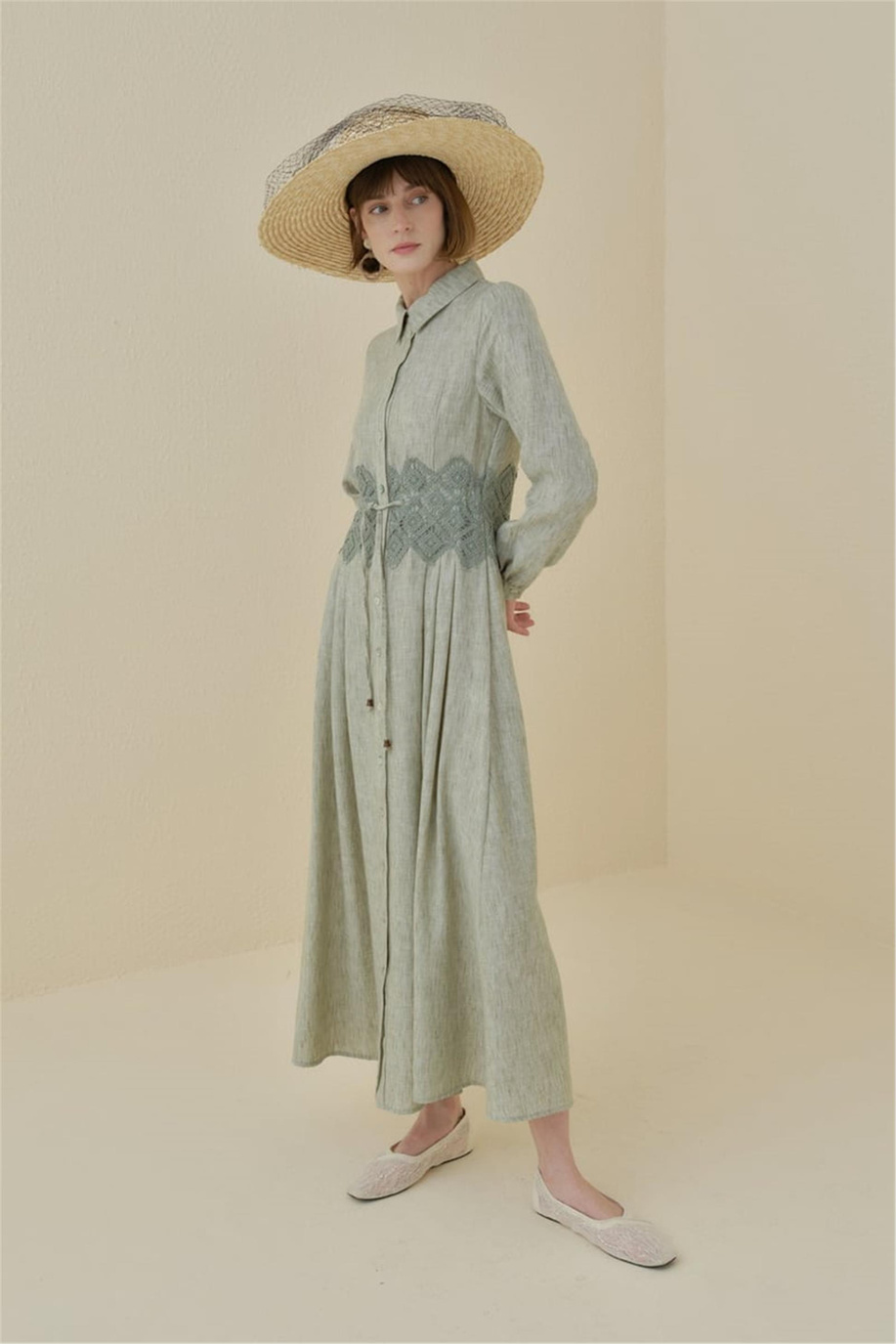 Beli Makrome Detaylı Formlu Keten Elbise Haki - 251EL3045NH.1