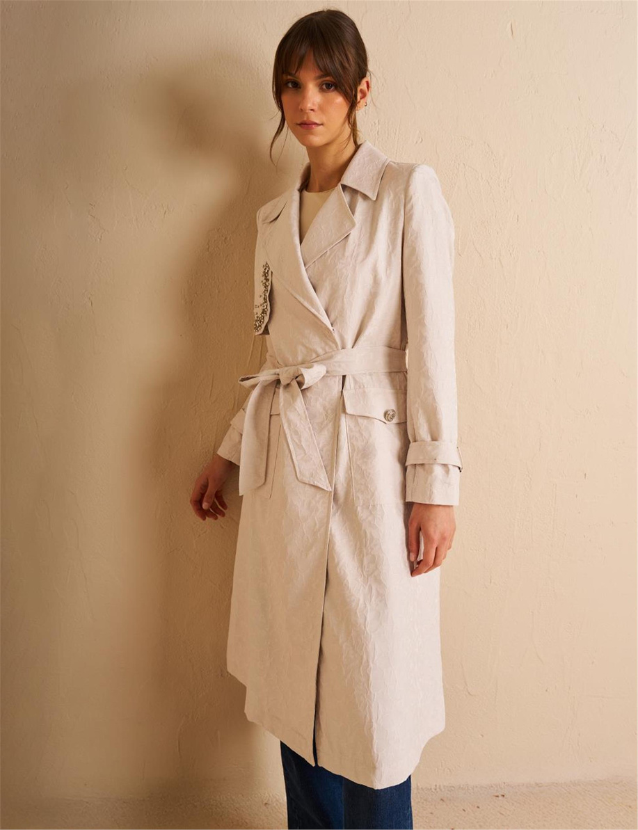 Bilekleri Apolet Detaylı Jakarlı Trençkot Taş