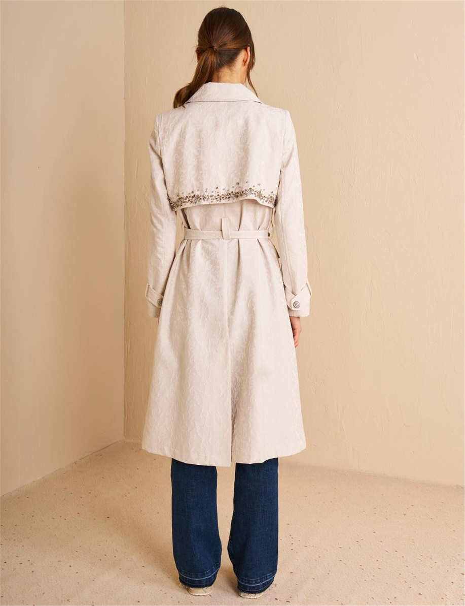 Bilekleri Apolet Detaylı Jakarlı Trençkot Taş