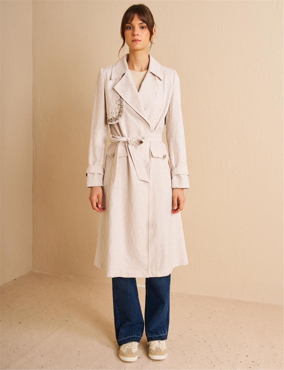 Bilekleri Apolet Detaylı Jakarlı Trençkot Taş