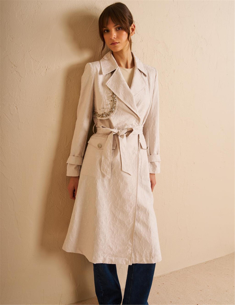 Bilekleri Apolet Detaylı Jakarlı Trençkot Taş