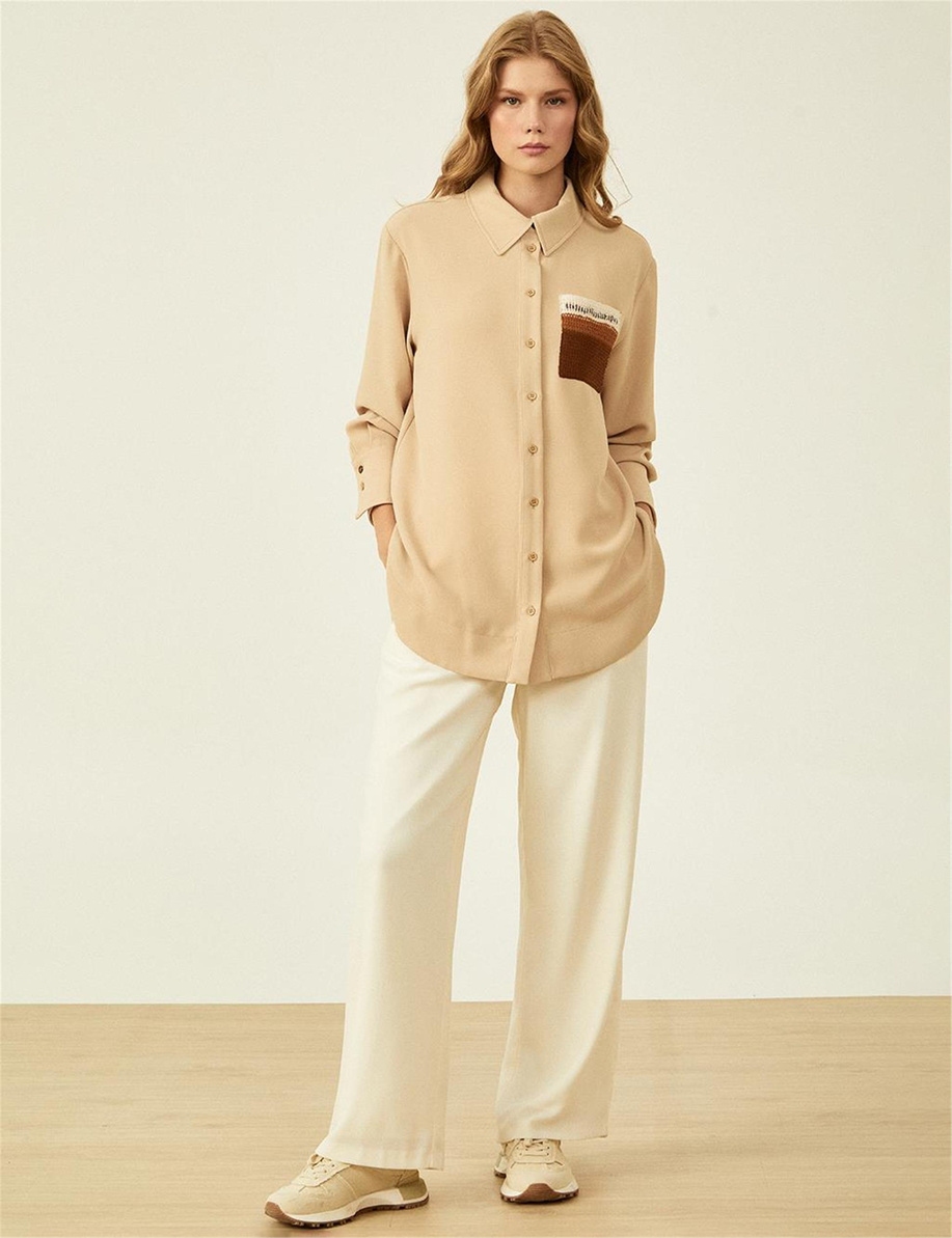 Boncuk İşlemeli Kahve Bluz