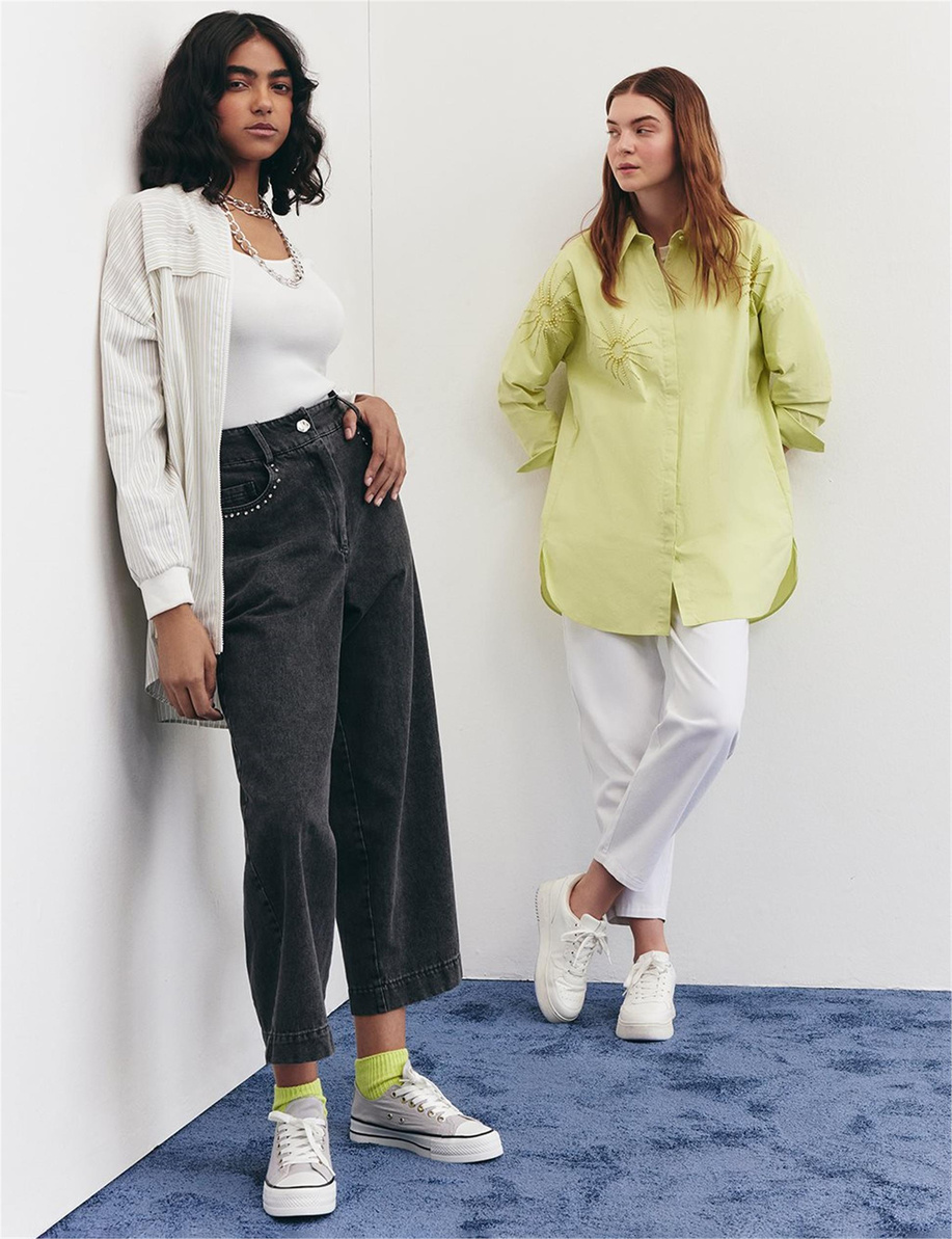 Boncuk İşlemeli Poplin Lime Bluz