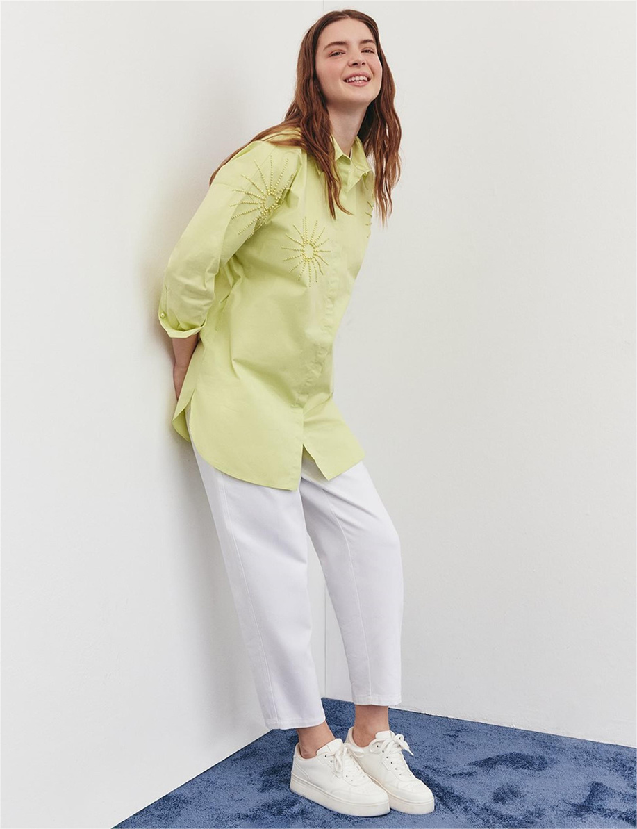 Boncuk İşlemeli Poplin Lime Bluz