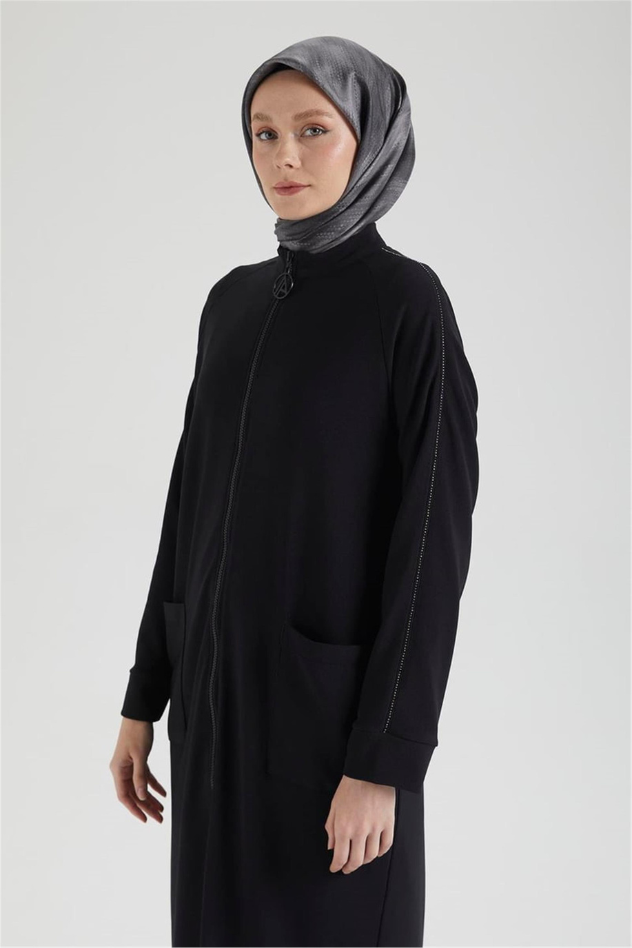 Boydan Fermuarlı Cepli Ceket Siyah - 25YT541