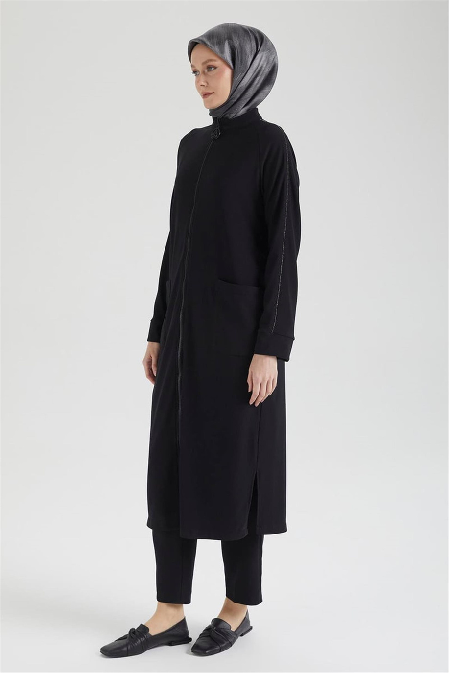 Boydan Fermuarlı Cepli Ceket Siyah - 25YT541