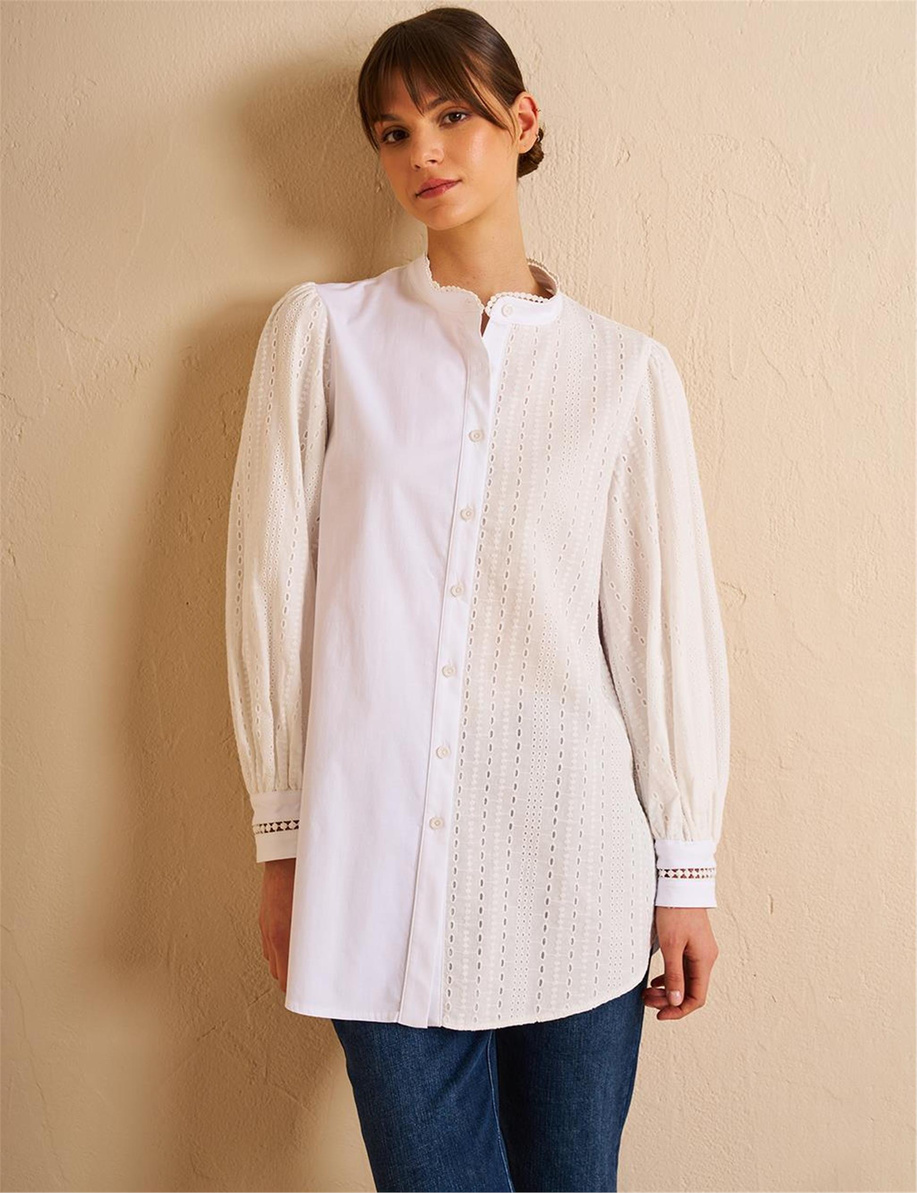 Brode Garnili Pamuklu Tunik Optik Beyaz - KA-B25-21078