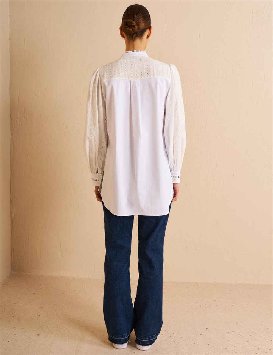 Brode Garnili Pamuklu Tunik Optik Beyaz - KA-B25-21078