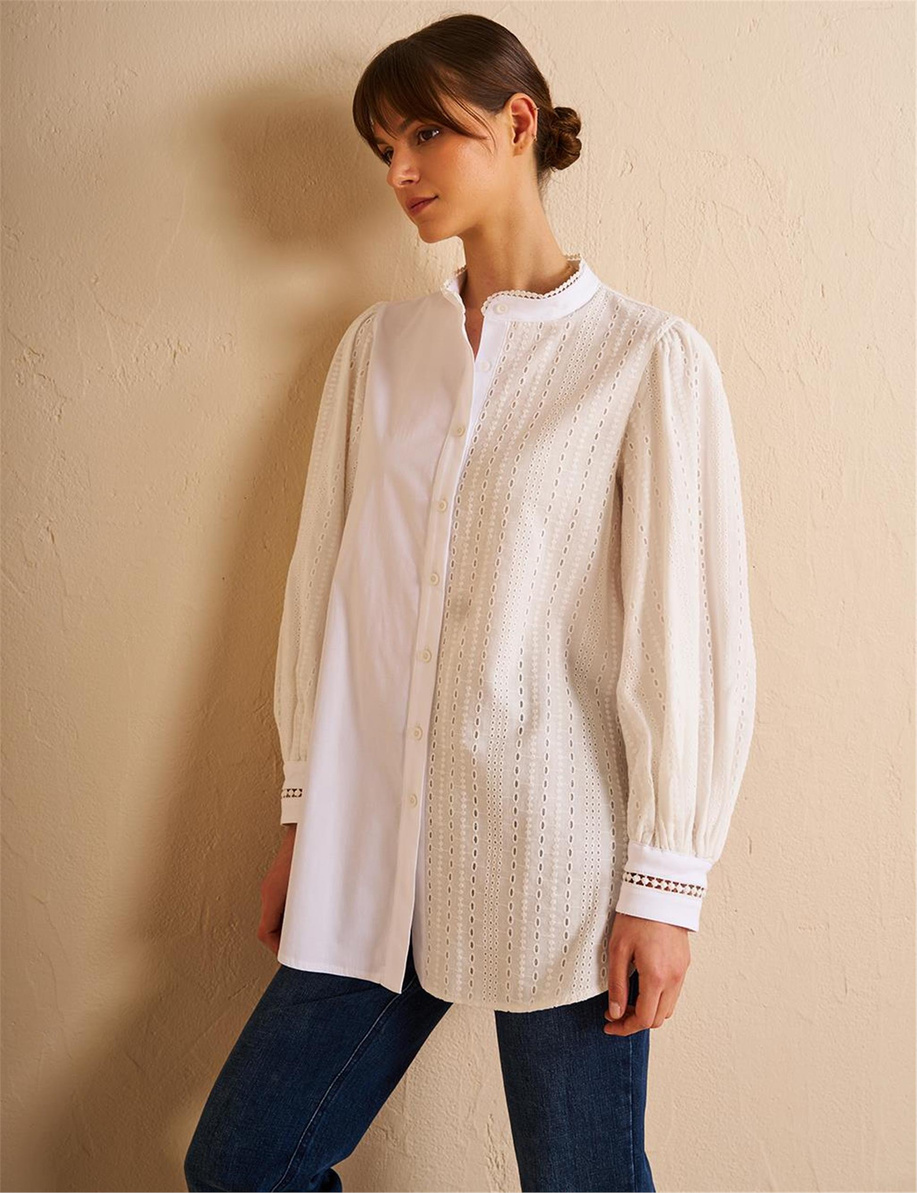 Brode Garnili Pamuklu Tunik Optik Beyaz - KA-B25-21078