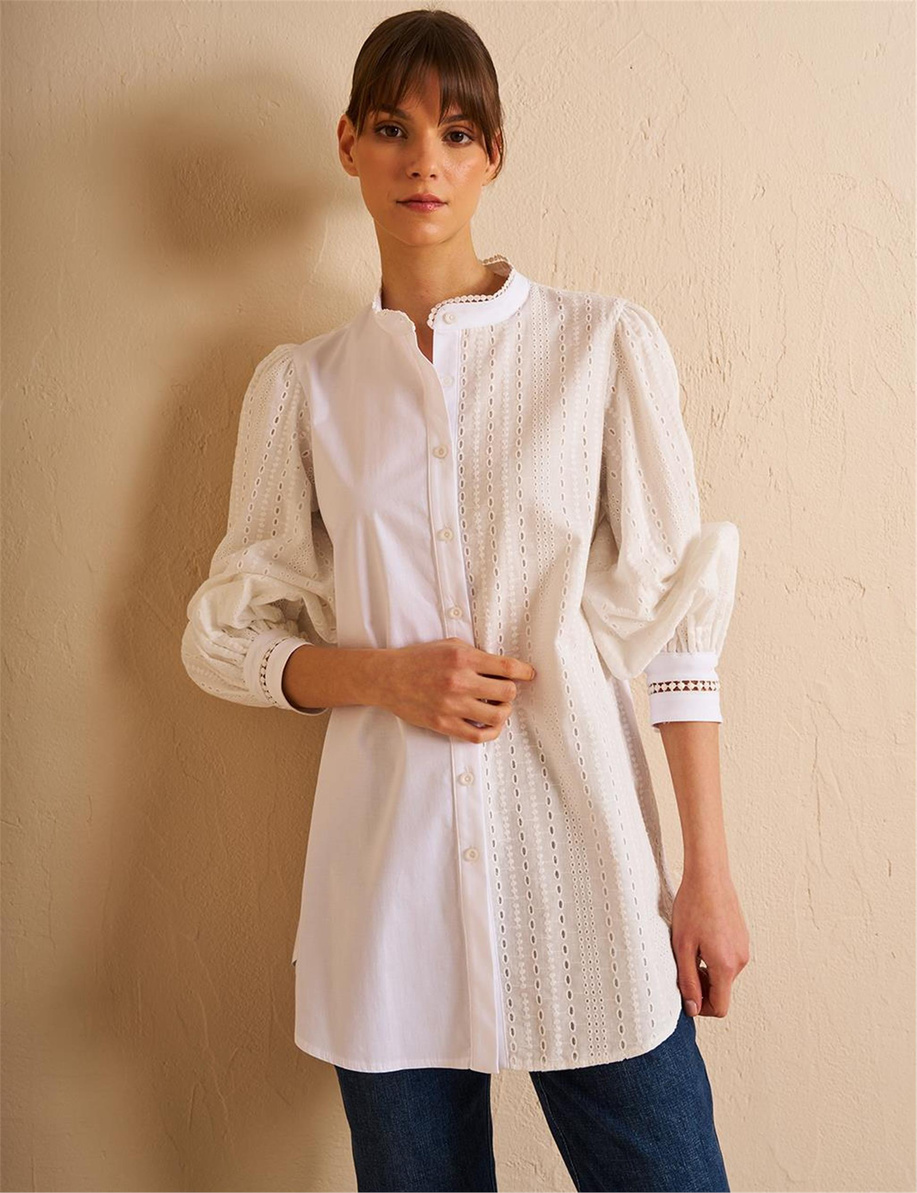 Brode Garnili Pamuklu Tunik Optik Beyaz - KA-B25-21078