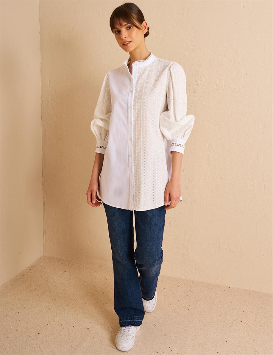 Brode Garnili Pamuklu Tunik Optik Beyaz - KA-B25-21078