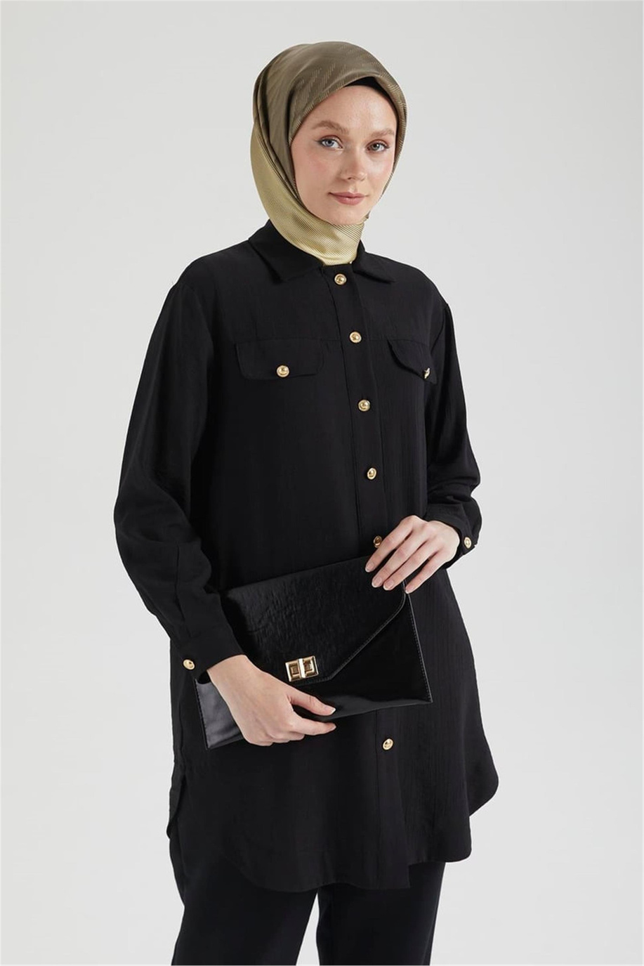 Cep Detaylı Düğmeli Tunik Siyah - 25YT4145