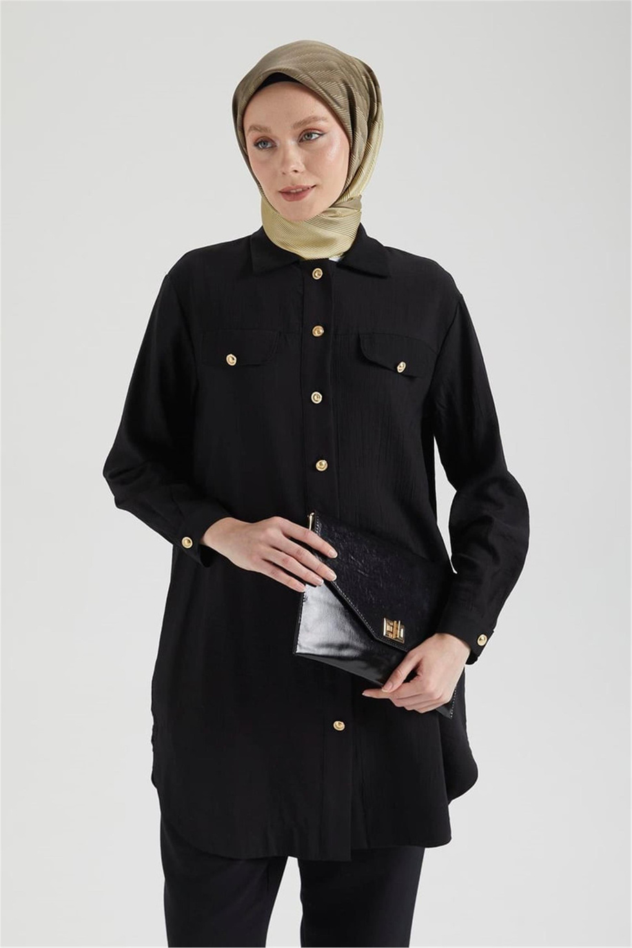 Cep Detaylı Düğmeli Tunik Siyah - 25YT4145