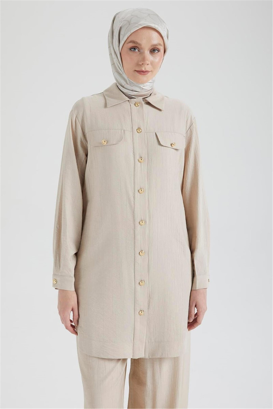 Cep Detaylı Düğmeli Tunik Taş - 25YT4145