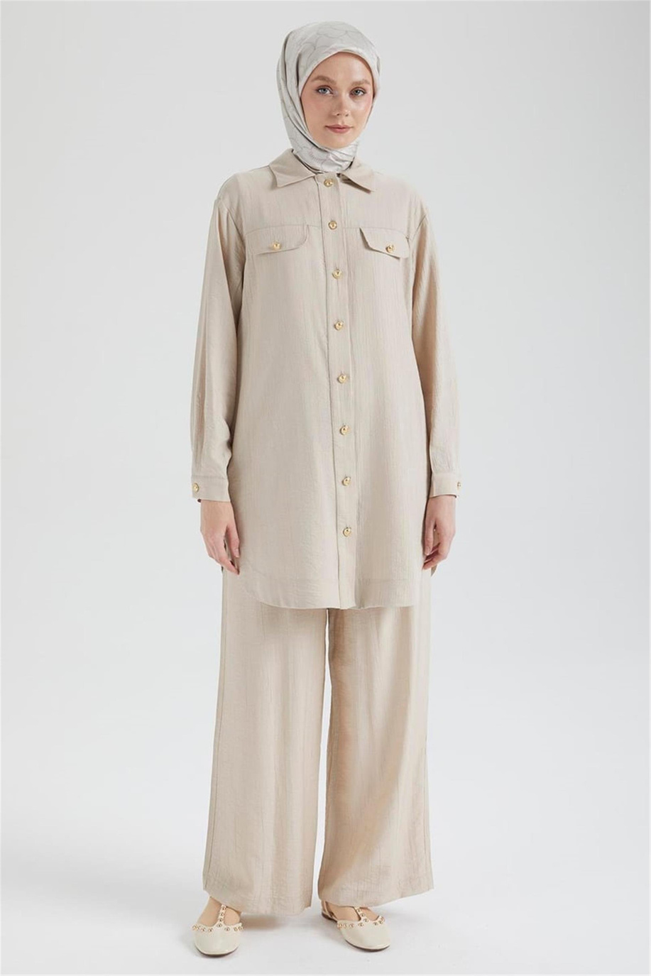 Cep Detaylı Düğmeli Tunik Taş - 25YT4145