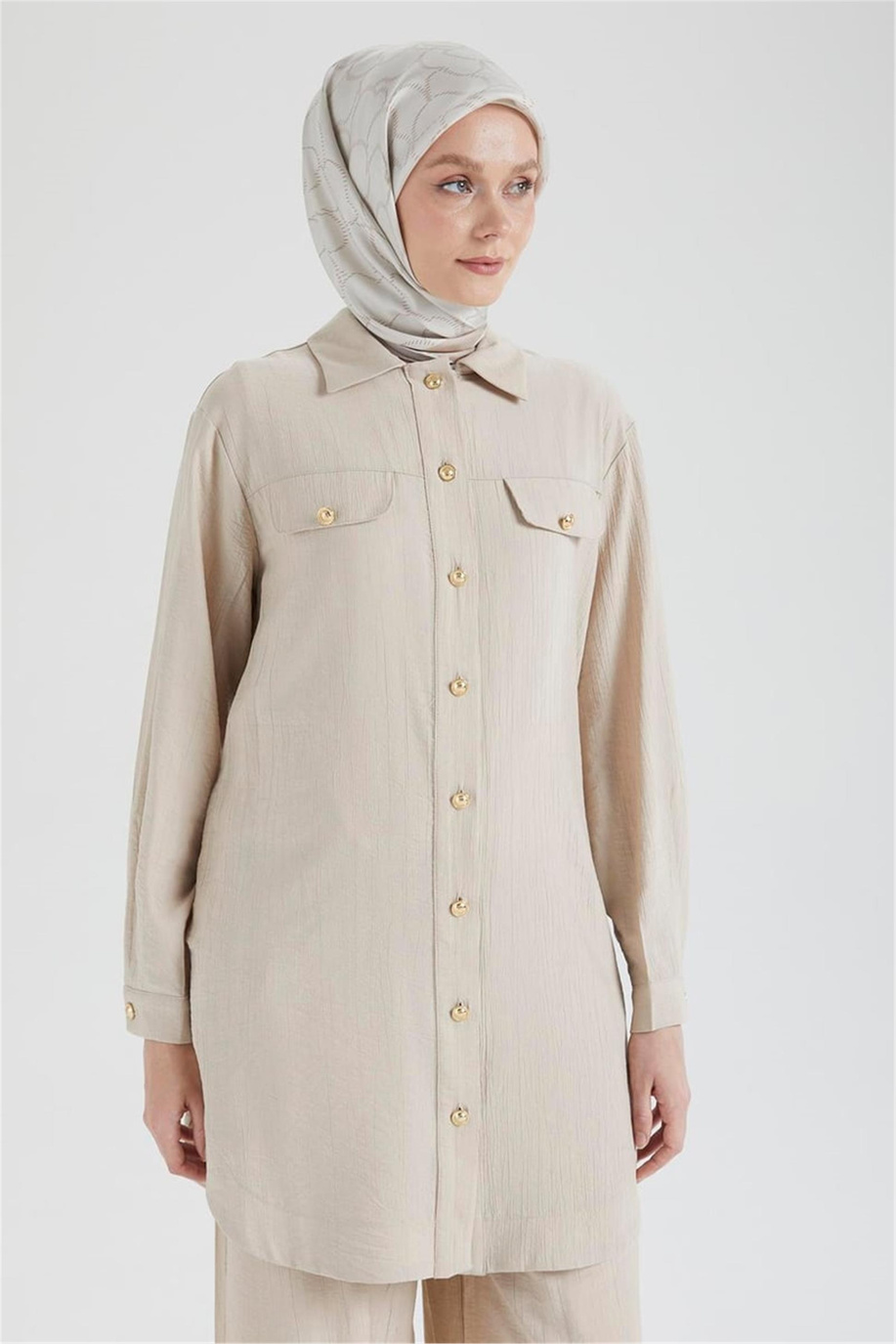 Cep Detaylı Düğmeli Tunik Taş - 25YT4145