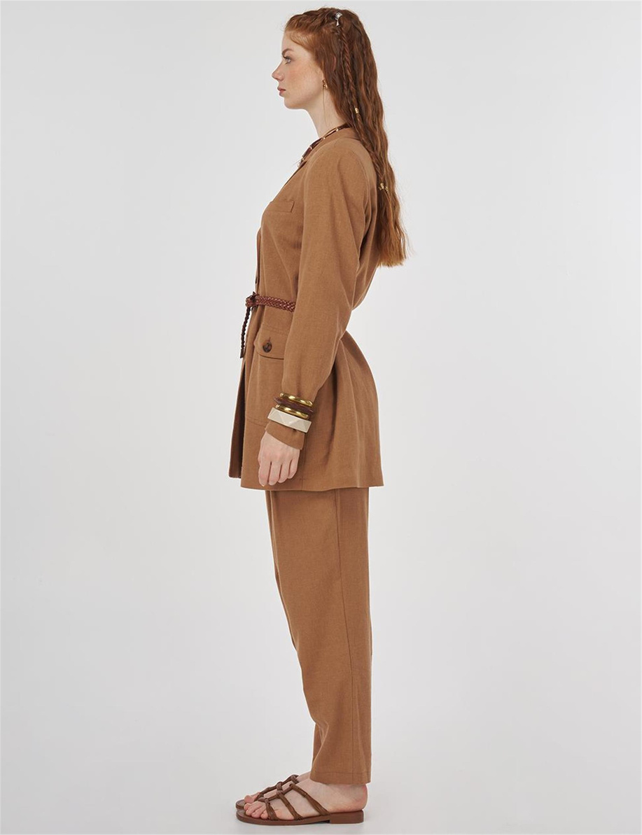 Cep Detaylı Keten Viskon İkili Takım Koyu Lacivert