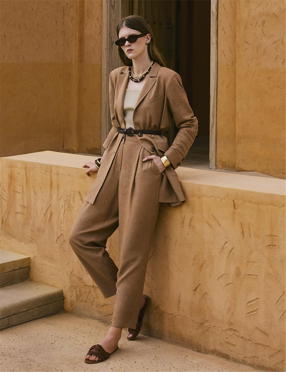 Cep Detaylı Keten Viskon İkili Takım Koyu Lacivert