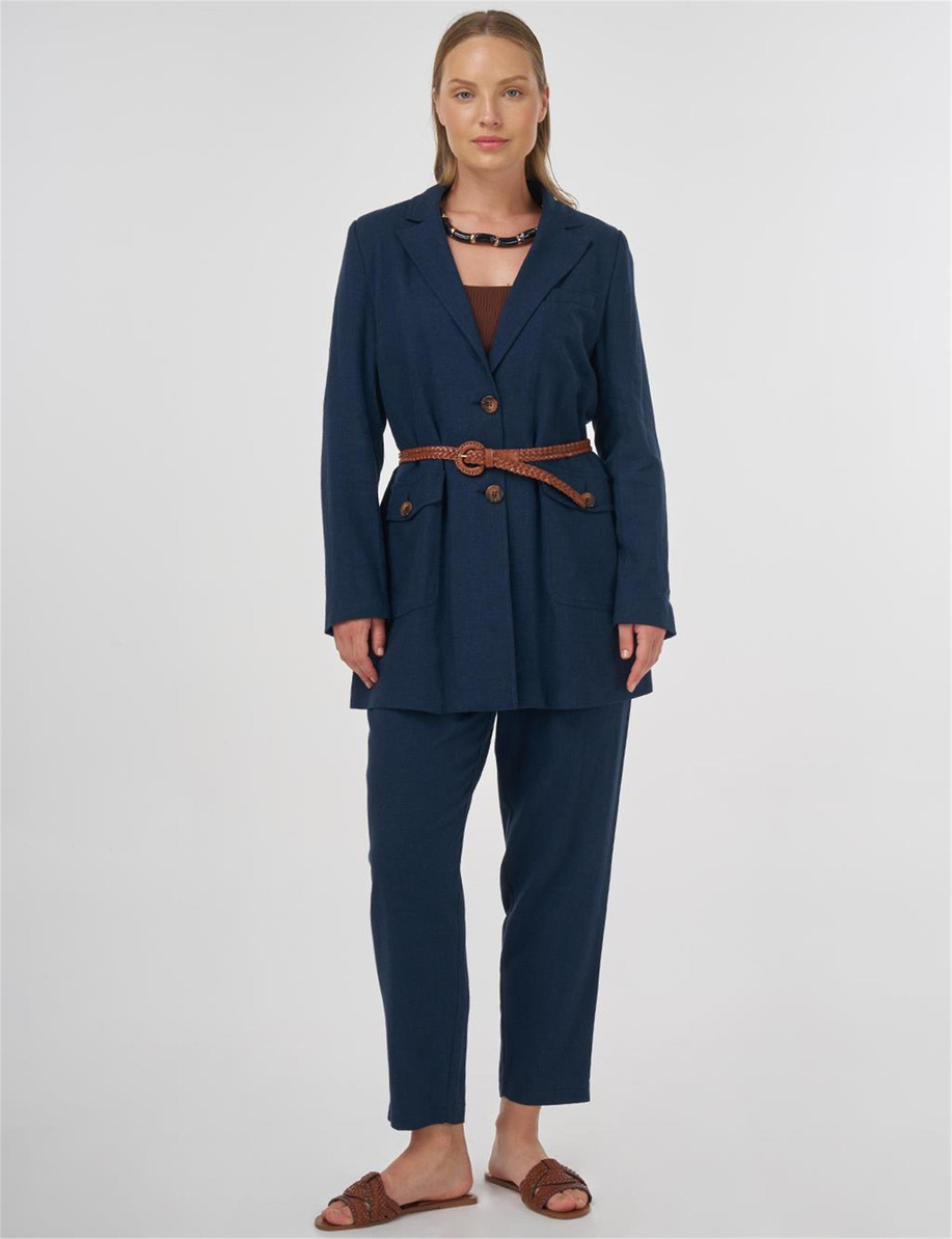 Cep Detaylı Keten Viskon İkili Takım Koyu Lacivert
