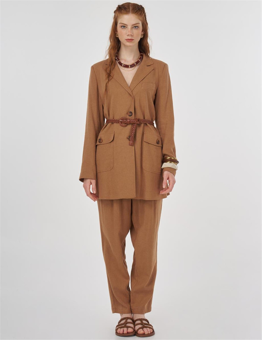 Cep Detaylı Keten Viskon İkili Takım Koyu Lacivert