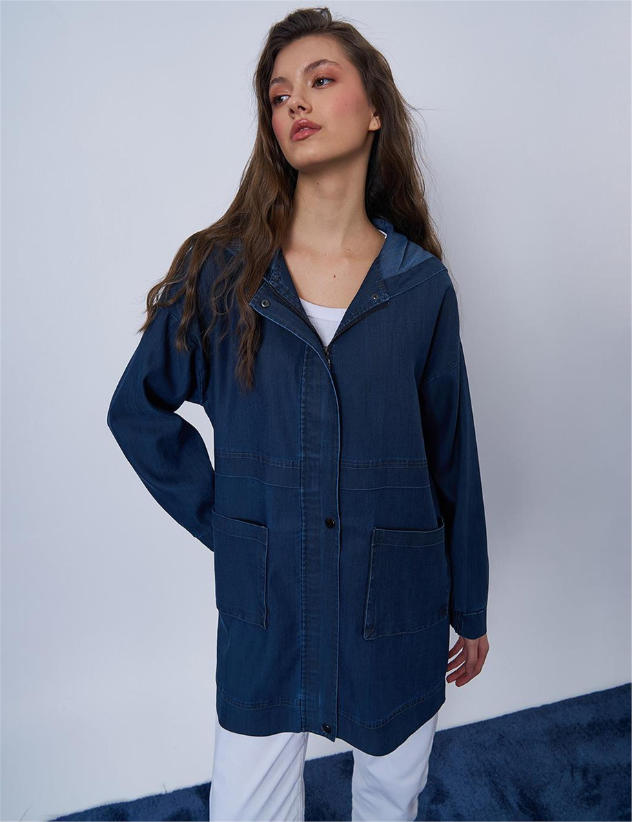 Cep Detaylı Kot Görünümlü Ceket Lacivert