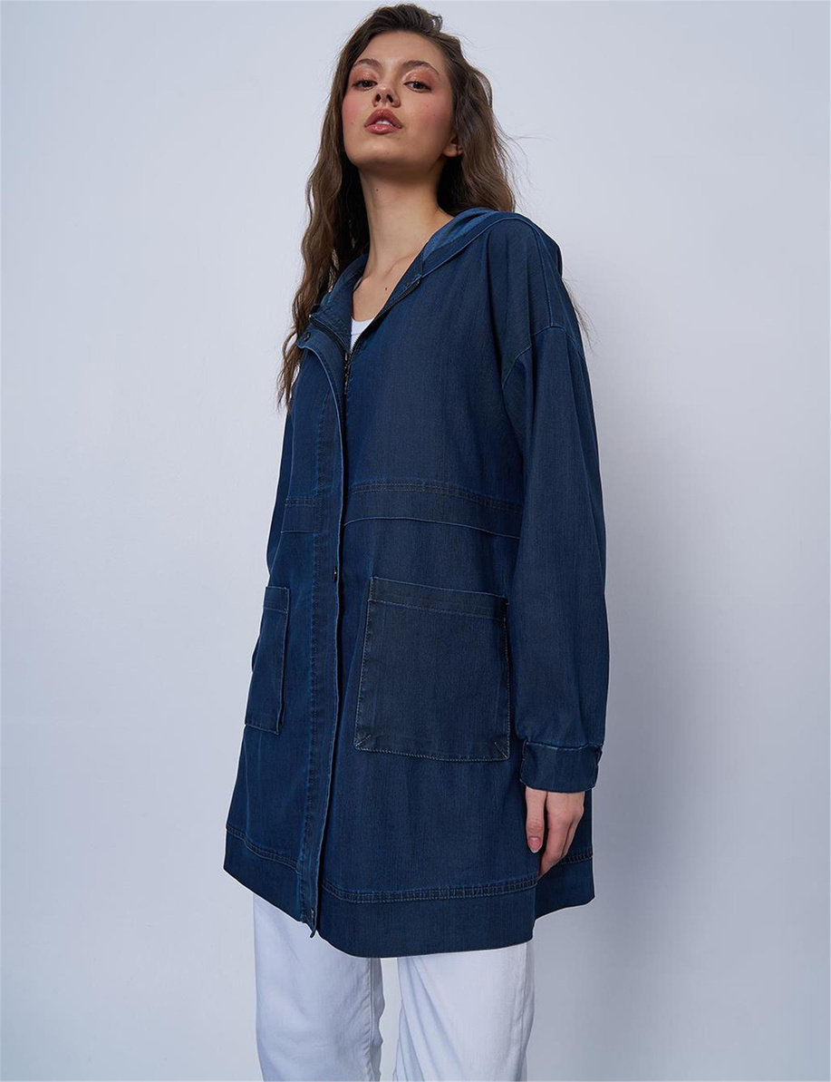 Cep Detaylı Kot Görünümlü Ceket Lacivert